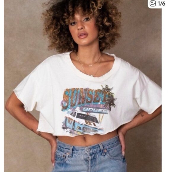 Vintage souls Tops - Vintage Souls LA Ivory Speedway Crop Top Large Cotton Moto Rock Streetwear Y2k